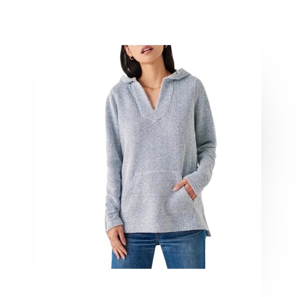 Faherty Seabrook French Terry Whitewater Hoodie Herringbone Knit Blue/White SZ S